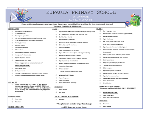 EPS Supply List for 2024-2025 School Year